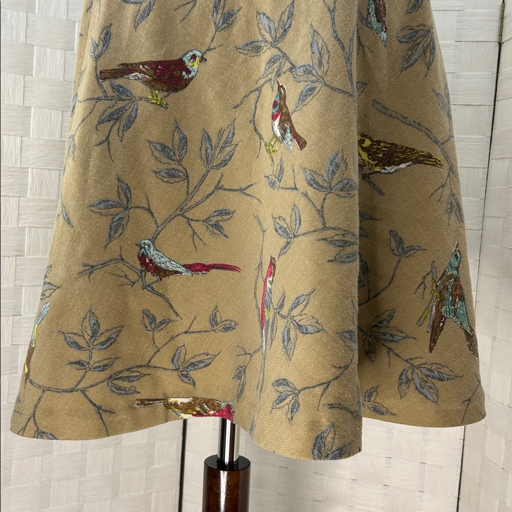 Anthropologie Elevenses Wool A-Line Skirt with Bird Print, tan, gray, red. - Picture 4 of 10